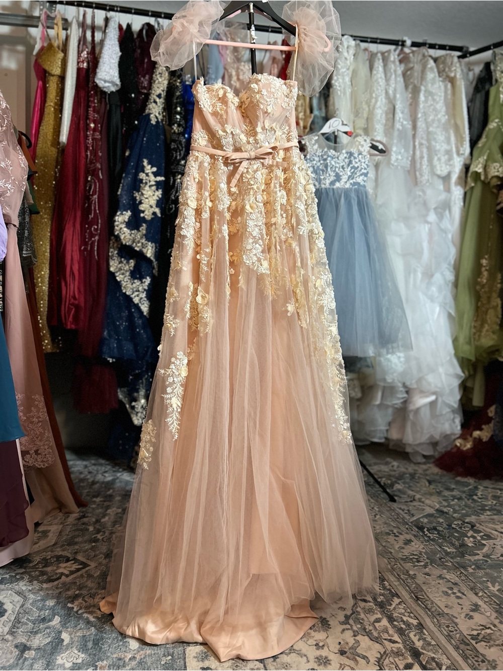 Girls Peach Floral Appliqué Tulle Gown